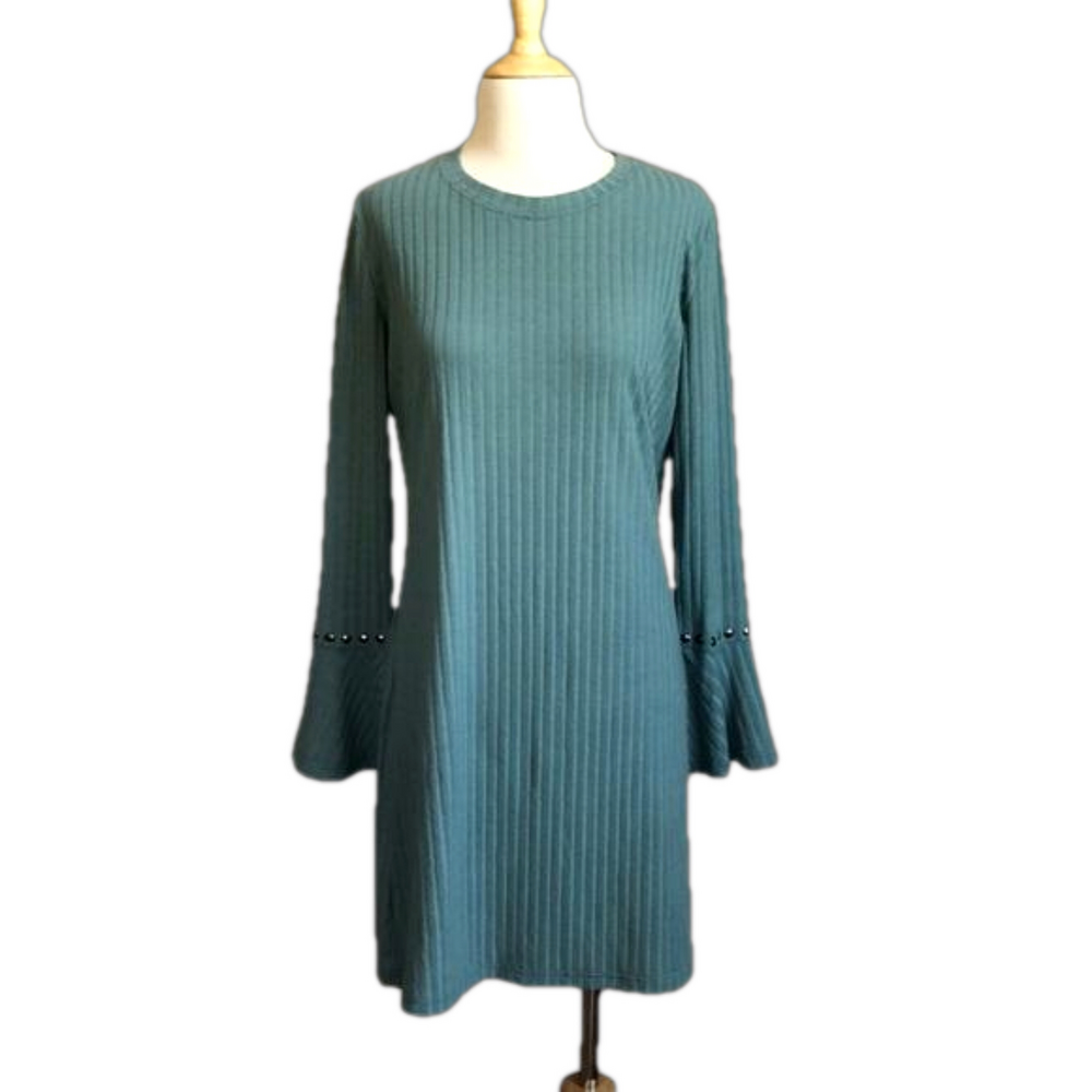 REBECCA MINKOFF Women's Small Sage Green Long Bell Sleeve Knit Midi Shift Dress
